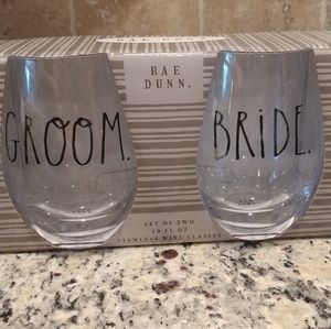 NWOT Rae Dunn Bride/Groom Stemless Wine Glasses